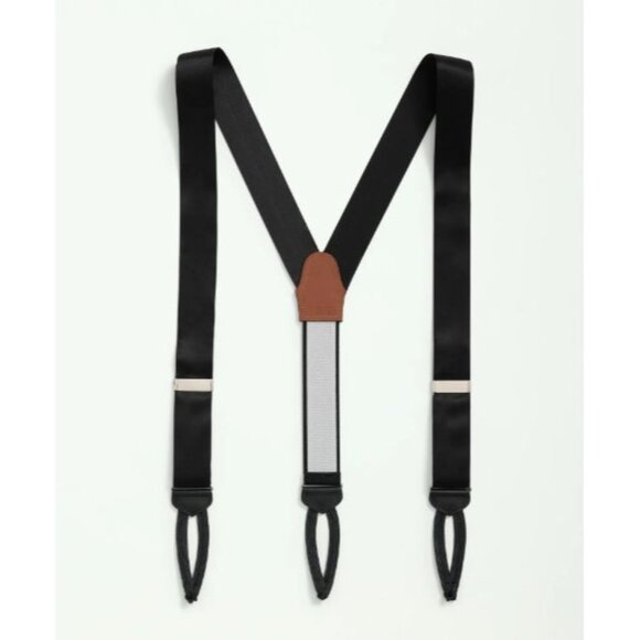 NWT Brooks Brothers Solid Suspenders OS Black Silk Strap Leather Trim Adjustable